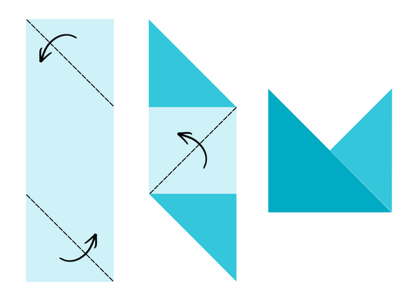 Vouwdiagram: rechthoek diagonaal vouwen tot envelop