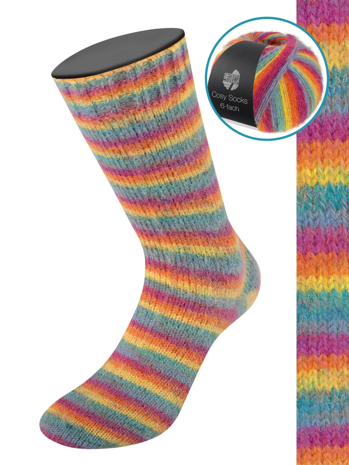 Cosy Socks 6-fach Multi Stripes 2201 Rookblauw/Turkoois/Geel/Oranje/Fuchsia