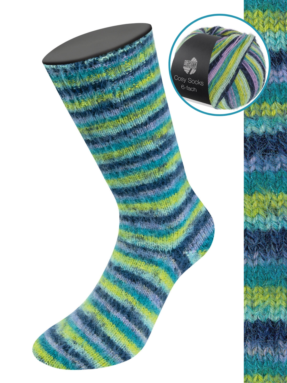 Cosy Socks 6-fach Multi Stripes 2202 Lavendel/Zwartblauw/Turkoois/Pistache/Opaalgroen