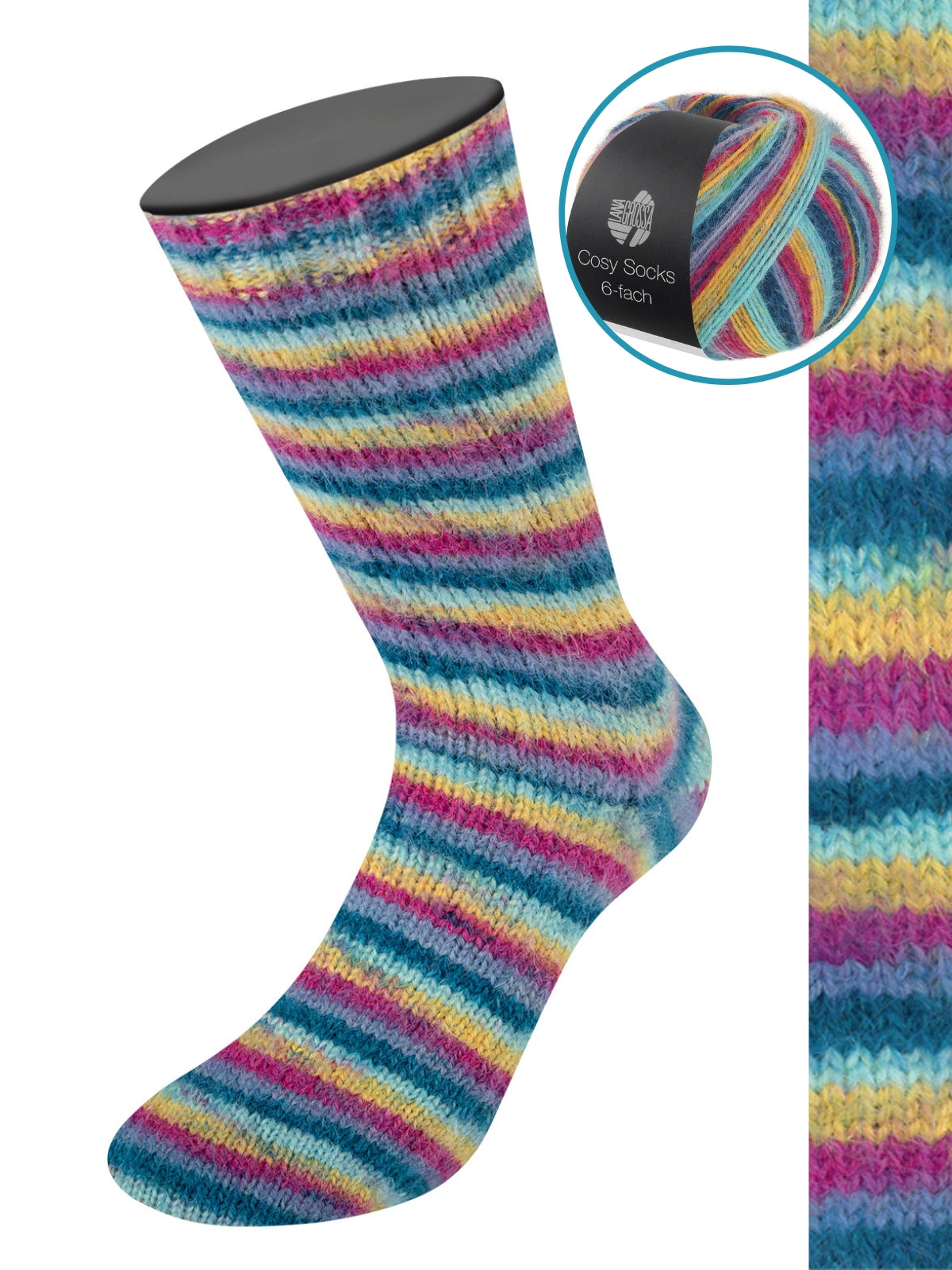Cosy Socks 6-fach Multi Stripes 2203 Fuchsia/Geel/Turkoois/Donkerpetrol/Blauwviolet