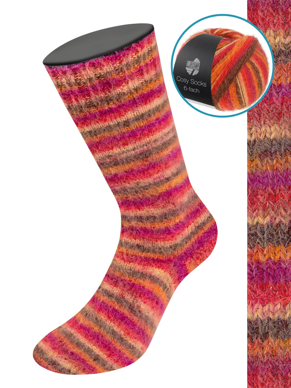 Cosy Socks 6-fach Multi Stripes 2204 Fuchsia/Oranjerood/Mokka/Zalmroze/Rood