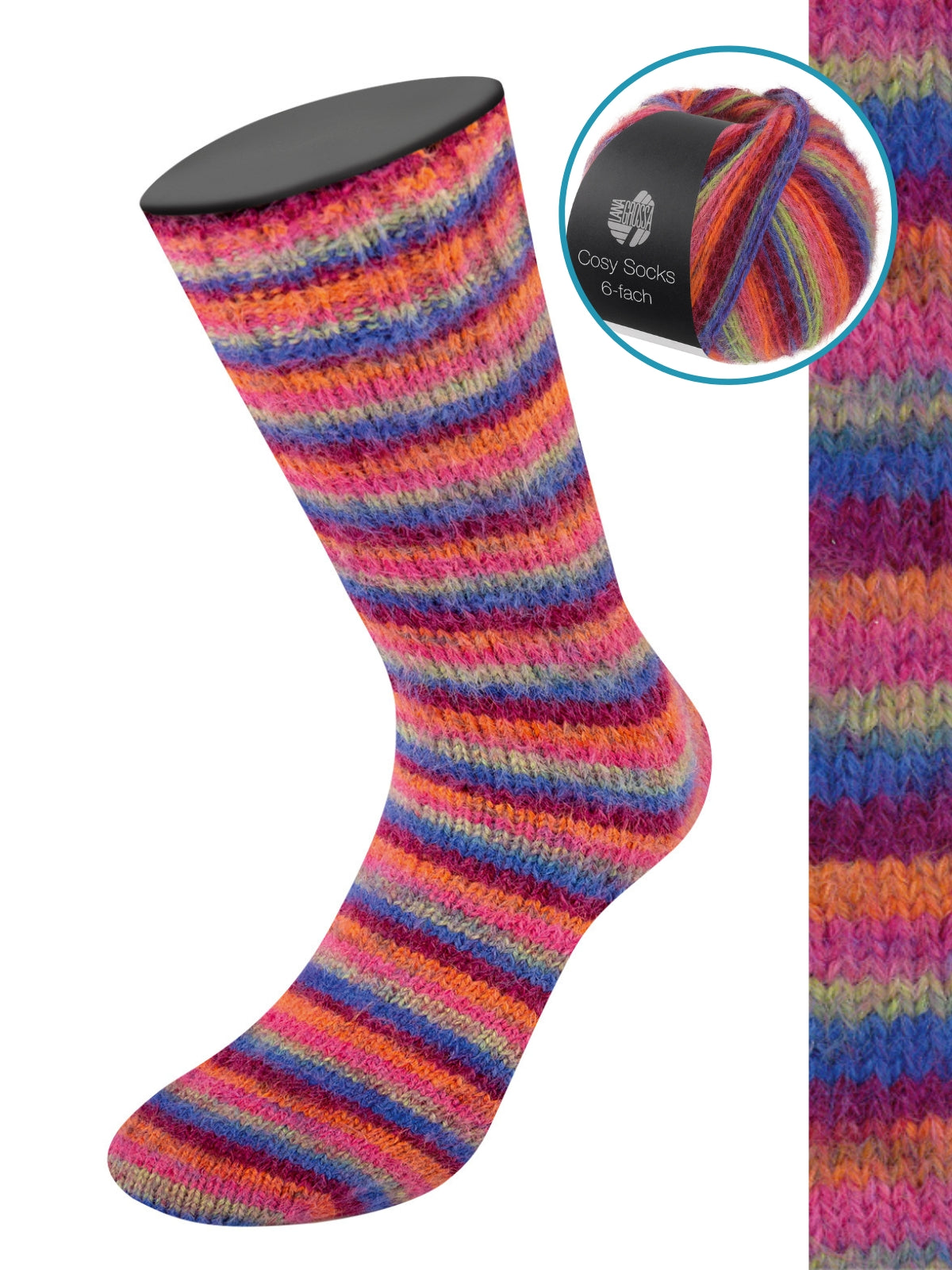 Cosy Socks 6-fach Multi Stripes 2205 Bordeaux/Blauw/Grijsbeige/Fuchsia/Oranje