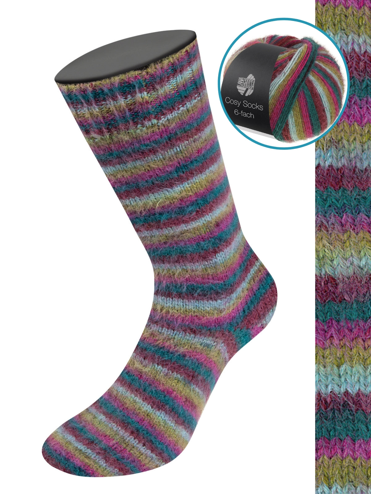Cosy Socks 6-fach Multi Stripes 2206 Donkerrood/Mintturkoois/Olijfgroen/Donkerfuchsia/Opaalgroen