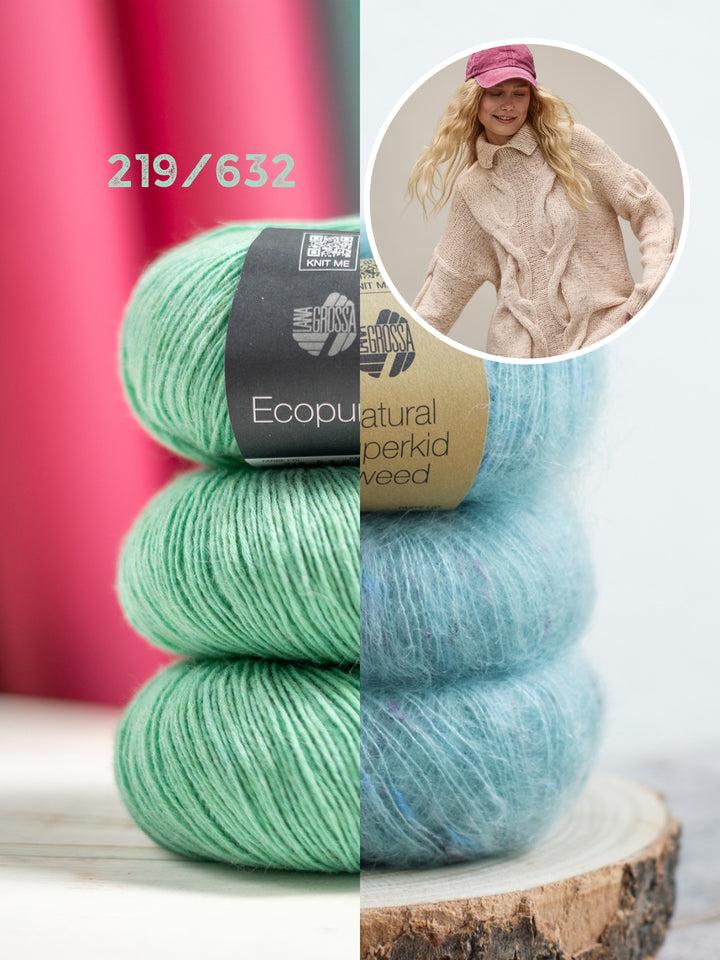 Breipakket Ecopuno Natural Superkid Tweed trui met kabels